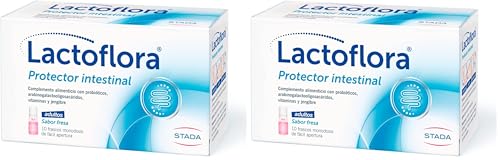 LACTOFLORA Probiótico Protector Intestinal para Adultos 10 frascos monodosis de fácil apertura, sabor fresa (Paquete de 2)