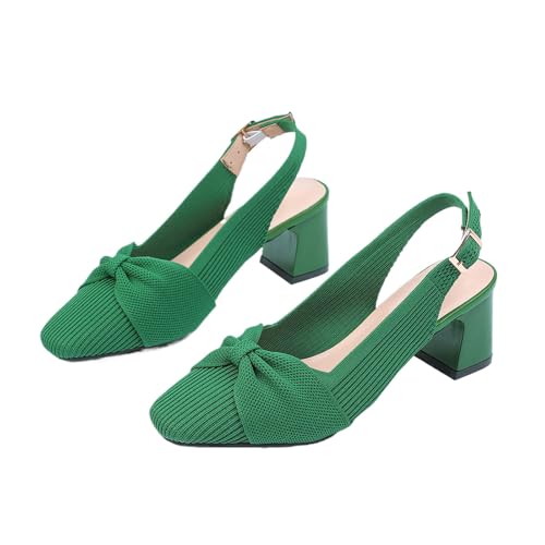 Women's Knitted Bow Breathable Slingback Low Block Heel Pumps Fashion Closed Square Toe Adjustable Ankle Buckle Slip-On Dress Chunky Heel Sandals for Work Wedding Office