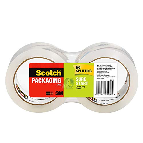 Scotch Sure Start Shipping Packaging Tape, 1.88" x 54.6 yd, Designed for Packing, Shipping and Mailing, No Splitting or Tearing, 3" Core, Clear, 2 Rolls (3450-2)