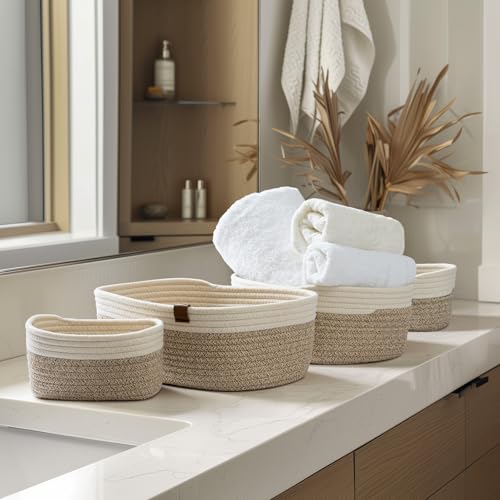 LA JOLIE MUSE Woven Storage Baskets for Organizing, Small Felt and Jute Wicker Basket for Bathroom Shelve Nursery, Decorative Basket Organizer Bins Set of 4, White&Desert - Cosy Home Interiors LA JOLIE MUSE Woven Storage Baskets for Organizing, Small Felt and Jute Wicker Basket for Bathroom Shelve Nursery, Decorative Basket Organizer Bins Set of 4, White&Desert - Image 7