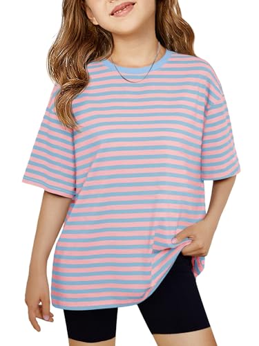 Image of Haloumoning Girls Striped Short Sleeve T Shirts Kids Summer Oversized Tops Casual Crewneck Tees 5-14 Years