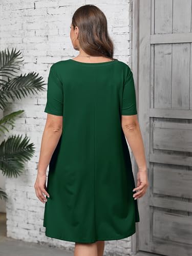 AusLook Plus Size Midi Dress for Women Casual Summer Short Sleeve A Line Swing Dark Green 1X Dress with Pockets Round Neck Flowy Knee Length T Shirt Vacation Beach Sundress — view 2