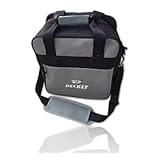 Beckly Super Bowling Tote -Bowling Bag- Fits Your Bowling Ball and Bowling Shoes- Single Bowling Ball Tote- Front Zippered Pocket and inside Shoe Sleeves-Carry and Shoulder Straps-For your Home Bowling Alley or At the Professional Arena- Perfect Bowling equipment- Great Holiday gift For bowling pro or rookie- Made from the Highest Quality Material and Superior craftsmanship- Superior quality bowling ball sports bag- Backed by the Famous Beckly! (Black/Grey)