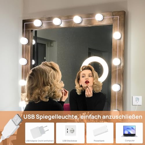 Akynite Spiegelleuchte Hollywood 14 LED Birnes, 3 Farbwechsel und 10 Helligkeit, Spiegellampe USB mit Schalter und Kabel, Schminktisch Beleuchtung Dimmbar, DIY Licht für Kosmetikspiegel Bad