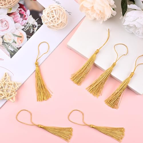 Image of NACHLYNN 120 Pcs Bookmark Tassels Bulk 13cm /5 Inch Silky Handmade Soft Craft Mini Tassels for Jewelry Keychain Making with Loops for Dress Decoration DIY Craft Accessory (Gold)