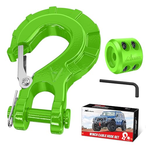 Nilight Forged Steel Winch Hook 3/8 Grade 70 Safety Latch Winch Cable Hook Stopper & Clevis Slip Hook Sets Included Allen Wrench Max 35 000 lbs Green