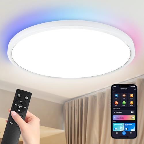 12 Inch Flush Mount Ceiling Light Fixtures with Remote Control & Night Lights, 2700K-6500K Dimmable LED Modern Ceiling Lamp, Works with Alexa & Assistant for Kitchen Bedroom Living Room Dining Room
