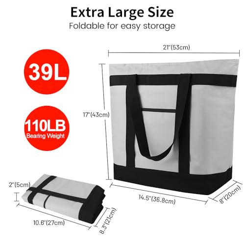 mosago Reusable Grocery Tote Bags, Insulated Cooler Shopping Bag for Women/Men, Pizza/Food Delivery Bags to Keep Food Hot/Cold for Uber Eats/Doordash/Grubub, Cooler Bag for Travel/Beach/Picnic, Grey