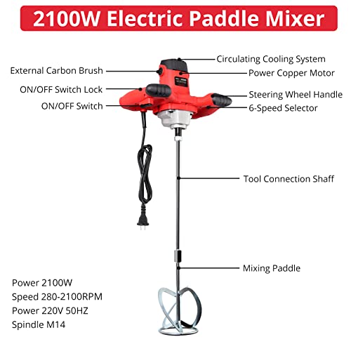 JUSTOOL Mörtelrührer Rührwerk 2100W Handrührwerk Farb- / Zementmischer mit Rühreraufnahme M14, Einstellbarer 6 Geschwindigkeit (0-800Rpm), Ergonomischem Griff inkl. Rührer für Mörte