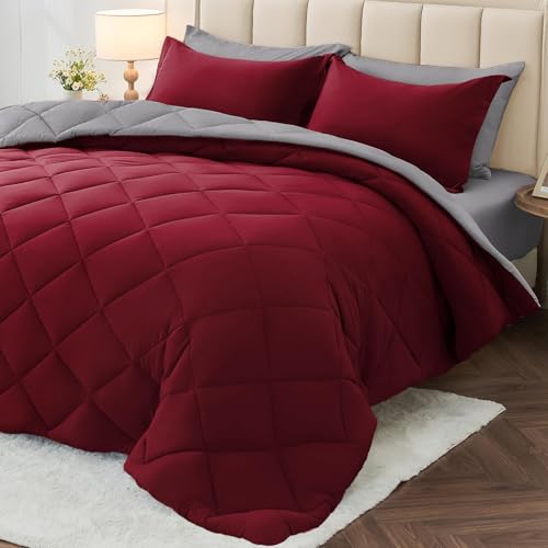 MUXHOMO King Comforter Set 7 Pieces, Reversible Bed in a Bag, Burgundy/Grey by MUXHOMO - Used condition - US$66.17
