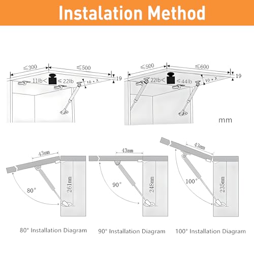 HOWDIA 200N/44lbs Gas Struts for Heavy Lid, Soft Open Gas Strut Gas Spring Gas Shocks Lift Supports, Safety Lift Support Lid Hinge for Cabinets Toy Box, Pack of 2