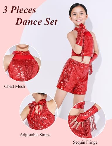 Image of Happy Cherry Girls Shiny Sequin Latin Dance Shorts Set 3 Pcs for Disco Hip Hop Jazz Cha Cha Dance 3-12Y