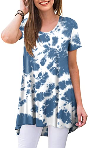 Popyoung Women's Summer Casual Short Sleeve Tunic Top For Leggings Crewneck Shirt Loose Blouse Xl, Blue Tie Dye #TOP30