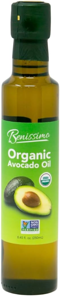 Benissimo 100% Pure Organic Avocado Oil – Cold-Pressed, Non-GMO, Allergen-Free Cooking Oil, 8.45 Fl Oz - Perfect for Sautéing, Frying, Baking & Salads