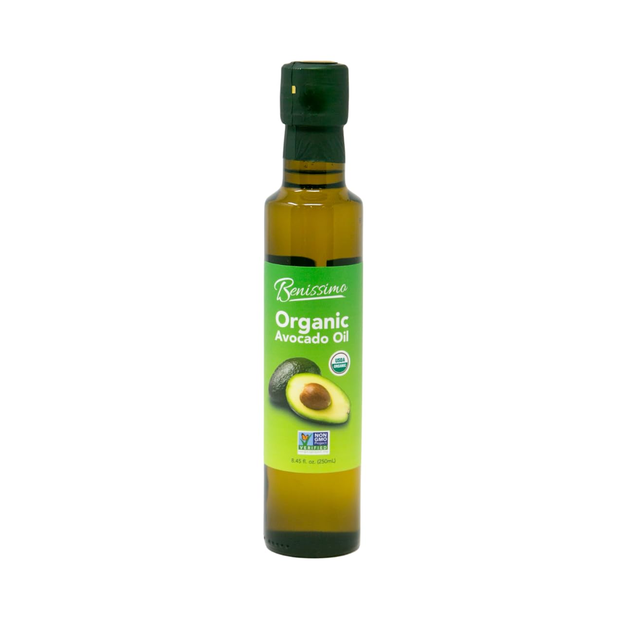 Benissimo 100% Pure Organic Avocado Oil, Cold-Pressed Non-GMO Allergen-Free 8.45oz - Ideal for Sautéing Frying Baking Salads