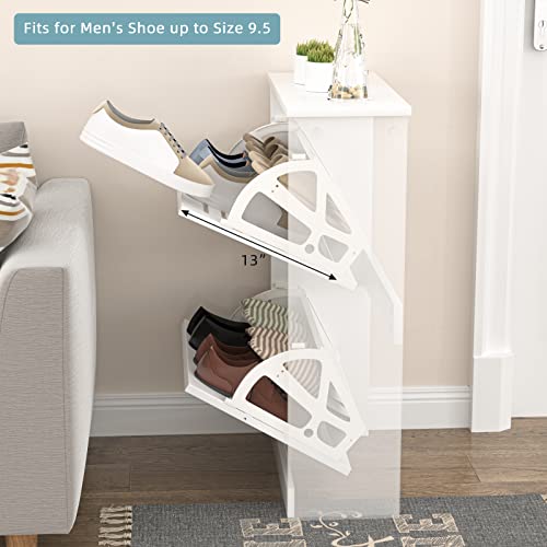 Tenntou 2 Flip Drawers Shoe Storage Cabinet, Free Standing Shoe Rack, White Wood Slim Shoe Organizer Cabinet For Entryway, Hallway, Bedroom #TOP3