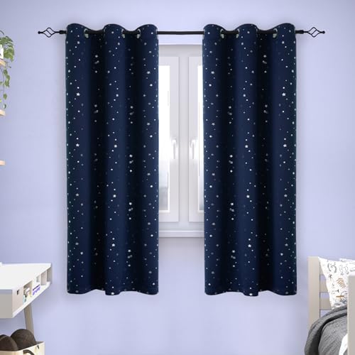 Image of BGment Kids Blackout Curtains for Bedroom - Grommet Thermal Insulated Silver Star Print Room Darkening Curtains for Kids Room, Set of 2 Panels, 38 x 63 Inch, Navy Blue