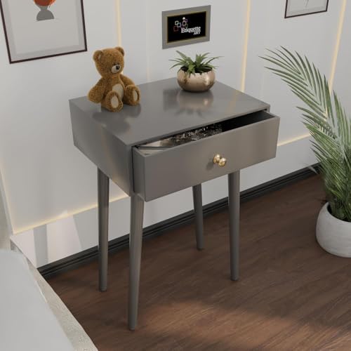 Image of Device Bas with BROWN ART SHOPPEE Nightstands Side Table with Drawer and Solid Wood Legs, Bedside Table for Bedrooms, Century Modern Drawer Storage Cabinet for Living Room Furniture (Grey.)