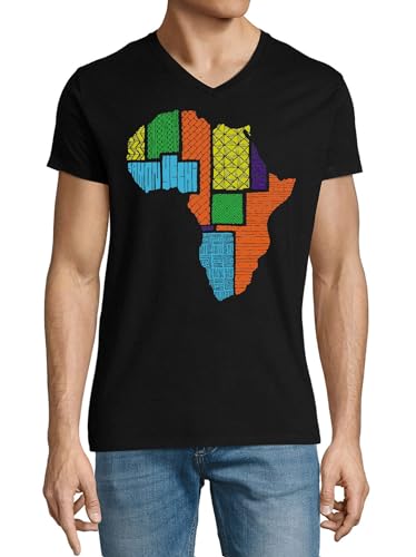 T-shirt col en V homme coton d'exception avec imprimé artistique Mother Africa Noir