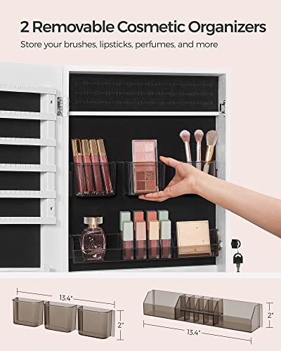 Image of SONGMICS Jewelry Cabinet Armoire, Lockable Wall-Mounted Organizer Unit with 2 Plastic Cosmetic Storage Trays, Full-Length Frameless Mirror, White UJJC001W01