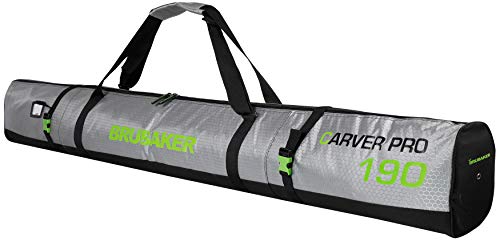 BRUBAKER CarverTec Pro Bolsa Porta esquís - Bolsa Deporte de Nieve para Transportar un par de esquís y Bastones - Funda Reforzada - Verde Plateado - 190 cm