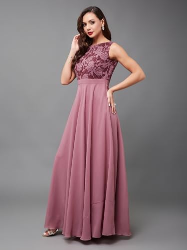 Image of Miss Chase Women's V-Neck Full Sleeve Self Design Lace-Overlaid Georgette Maxi Dress