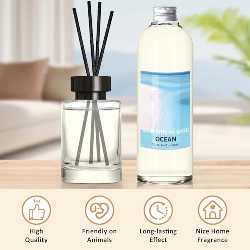 Image of STRN Ocean Reed Diffuser Refill 500ml with 6 Natural Reed Sticks, Premium Refills Aromatherapy for Home, Long-Lasting Fragrance for Living Room, Bedroom, Office | Alcohol-Free