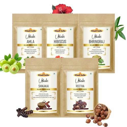 Image of Khadi Utkrisht Amla, Bhringraj, Shikakai, Reetha, & Hibiscus Hair Growth Powder Combo | 100% Natural Herbal Hair Care | Controls Hair Fall & Boosts Volume - 500GM (Pack of 5)