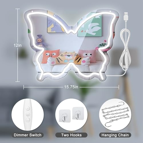 Image of Butterfly Neon Sign Mirror, LED Neon Sign for Wall Decor, 15.7'' x 12'' Dimmable Neon Light for Teen Girls & Kids Birthday Gift, Neon Signs for Room Decor, Wall Mirror, USB Powered (Daylight White)