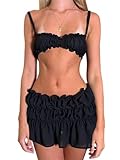 Alyweatry Women Y2k 2 Piece Skirt Set Ruffle Ruched Short Sleeve Crop Top and Mini Shorts Skirt Outfits (A-Black, S), Small