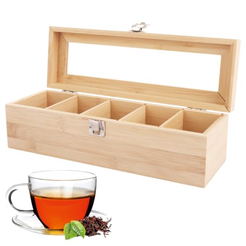 ASelected Bamboo Tea Box Chest Organiser with 5 Compartments 30 x 10 x 9 CM Tea Bag Organiser with Acrylic Glass Lid for Spices Coffee Beans Jewellery Storage