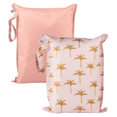 Image of Tiny Twinkle Mess Proof Wet Bags | 2-Pack Reusable Waterproof Wet Bags for Swimsuits | Baby Clothes | Travel & Diaper Bag (Royal Palm)