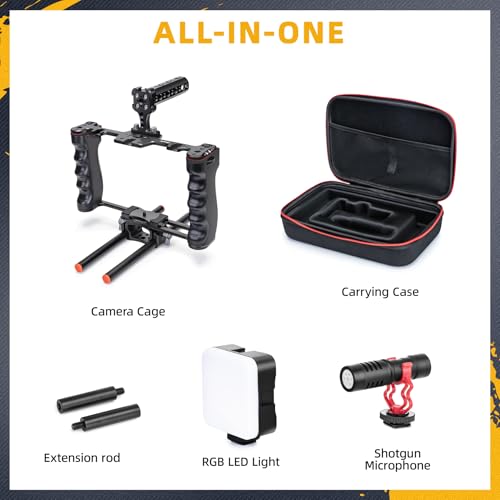 Image of Zeadio Camera Video Rig Cage, Aluminum Filmmaking Movie Making Kit with Top Handle, Arca Type Base, 15mm Rod Guide, RGB Light&Microphone, Compatible with All DSLR Camera and Camcorder