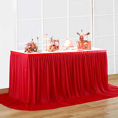 Red Chiffon Table Skirts For 6Ft Rectangle Tables Or Round Tables, Wrinkle Free Red Table Skirt Cloth Birthday Party Cake Table Decorations(L167Inch×30Inch, 6Ft Table 4 Sides Covered) #TOP1