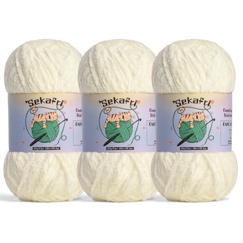 Image of 3 Pack of 300g (590yds) Fuzzy Chenille Yarn for Crocheting,Fluffy Amigurumi Crochet Yarn for DIY Craft /Hat /Clothes, Soft Velvet Baby Blanket Yarns(3 White)