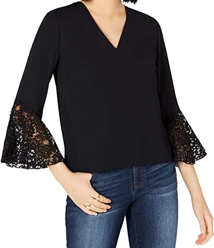 Bar III Womens Lace Sleeves Suit Separate Blouse Black S