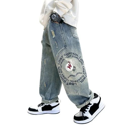 Tween Boys Ripped Jeans Elastic Waistband Straight Leg Denim Pants with Letter Graphic Printing for Boy Clothes4