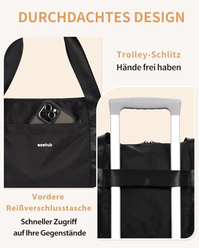 ECOHUB 30L Reisetasche Handgepäck Groß, für Easyjet Handgepäck 45x36x20, Faltbare Handgepäck Tasche für Flugzeug, Sporttasche mit Abnehmbar Nass-Tasche, Weekender Damen Herren(Schwarz)