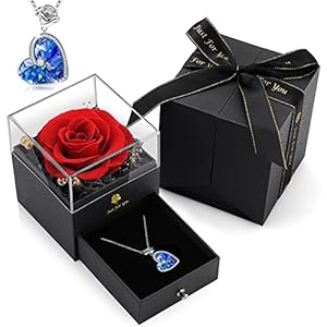 Valentines Rose Gift for Her Girlfriend Women – Preserved Real Red Rose Gift with Crystal Necklace Valentines Gifts for…