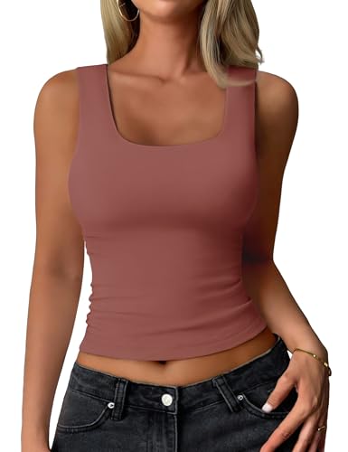 YUCOLEN Women's Double Lined Tank Top Fitted Scoop Neck Casual Basic Summer Tank Sleeveless Tops Brickred