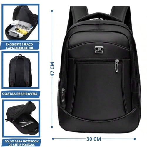 Mochila Unissex Moderna e Funcional, Alça Reforçada, Desenho do Tecido Liso Preto Linha Premium