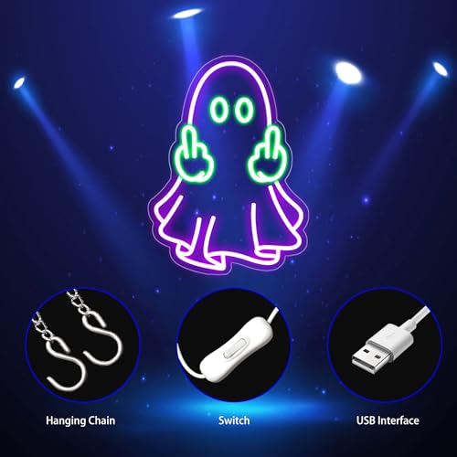 Image of Neon Sign, Ghost Neon Signs for Wall Decor LED Signs Neon Light | Ghost Neon Sign, Purple Led Sign for Bedroom, Gaming Room, Man Cave, Party, Bar, Halloween Decor, Boys Gift, USB Powered