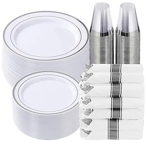 Goodluck 350 Piece Silver Plastic Dinnerware Set for 50 Guests, Fancy Disposable Plates for Party, Include: 50 Dinner Plates, 50 Dessert Plates, 50 Pre Rolled Napkins with Silver Silverware, 50 Cups