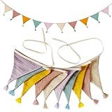 AUNHOKE Wimpelkette Kinderzimmer, 2,6m Musselin Baumwolle Stoff Wimpelkette, Girlande Kinderzimmer Deko zum Aufhängen, Wanddeko Geschenk, Geburtstag für Party, Babyzimmer Hausbett Dekoration