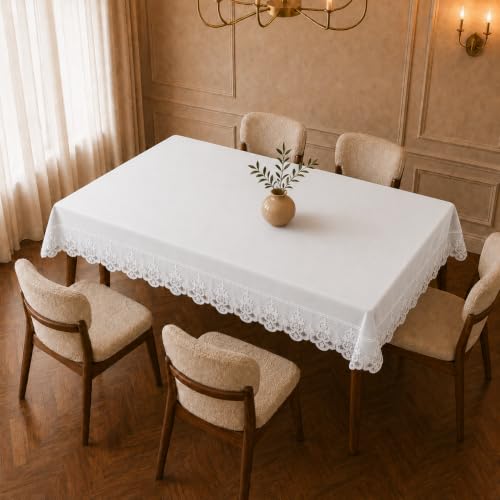 Seconda immagine PETTI Artigiani Italiani Tovaglia da Tavola Effetto Velluto con Pizzo Rebrodé 140x180 cm (6 posti), Tovaglia Elegante e Morbida per Sala da Pranzo e Cucina, Colore Bianco Ottico, Made in Italy