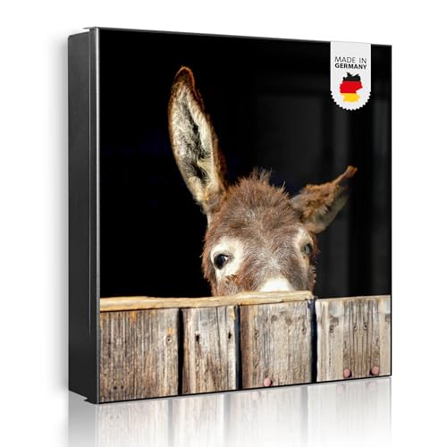 banjado Großer Schlüsselkasten Metall - Schlüsselbox 30x30cm mit 32 Haken - Schlüsselkasten modern für Schlüsselaufbewahrung mit beschreibbarer, magnetischer Tür - Motiv Esel