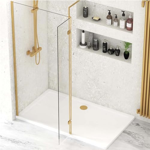 300mm Brushed Brass Wet Room Flipper Panel for Shower Screen - 8mm Easy Clean Glass