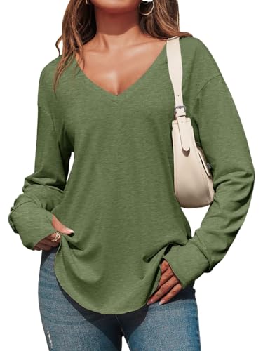 Fisoew T-shirt à manches longues pour femme, col en V profond, manches longues, surdimensionné, tunique avec trou pour les pouces, Vert armée., L