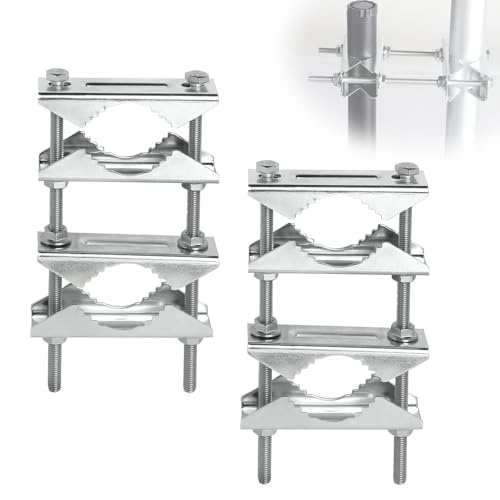 SUPAWAY Lot de 2 Pinces à mât double antenne Fixation mât antenne exterieur Acier galvanisé Support de mâchoire en V pour 25-50 mm diamètre TV, CB,...
