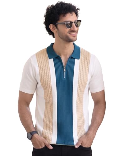 Image of AUSK Men's Zip Collar Polo Tshirt | Cotton Rich Material | Half Sleeves | Modern Knit Panel Work | Regular Fit